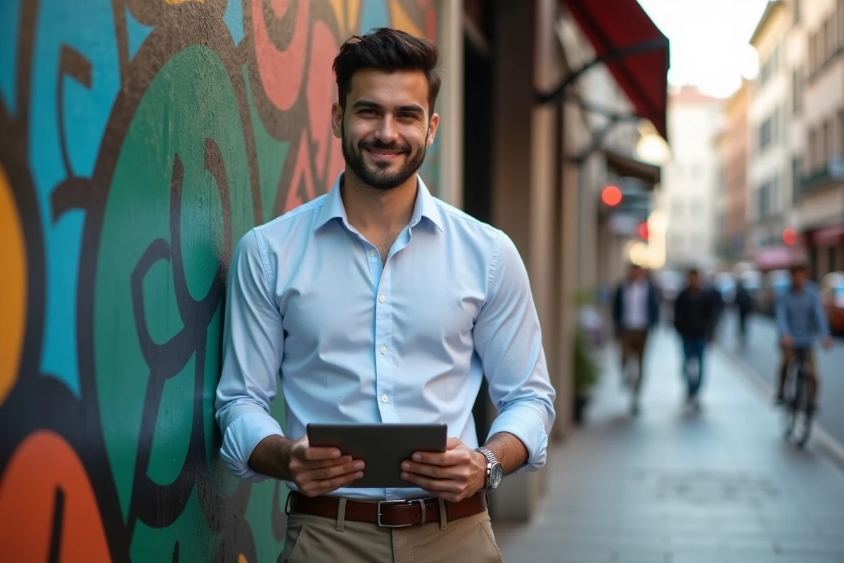 Jeune homme posant devant un mur peint dans un café urbain