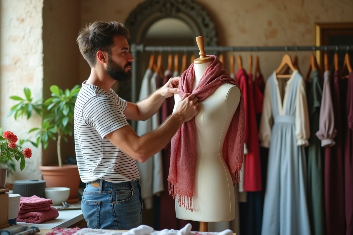Jeune homme ajustant une écharpe dans un atelier en Provence