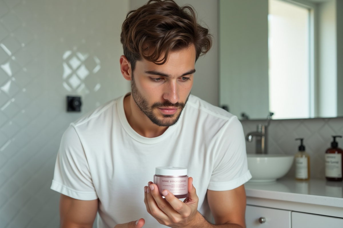 Jeune homme examinant une creme dans sa salle de bain