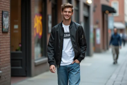 Jeune homme en streetwear urbain marche dans la ville