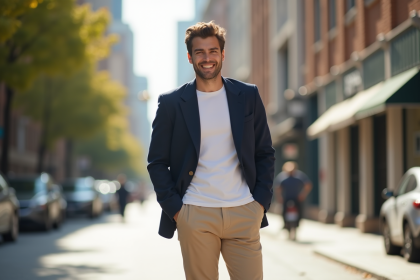 Jeune homme en blazer dans une rue urbaine ensoleillee