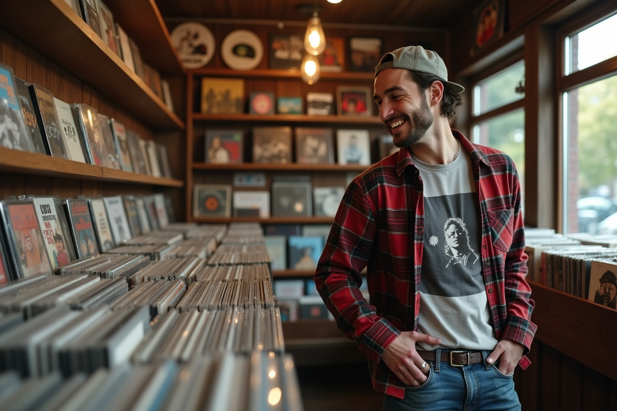 Jeune homme avec vinyles dans une boutique rétro