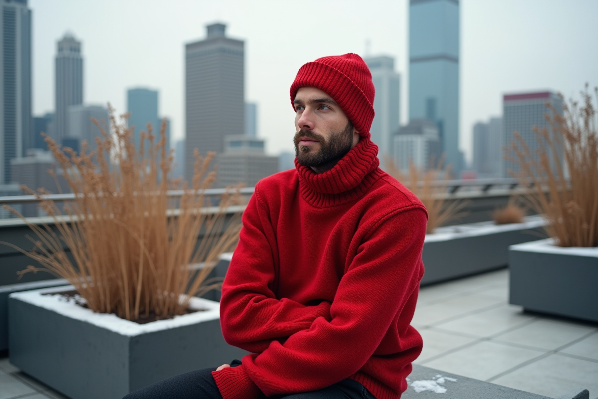 Jeune modele en pull rouge dans un jardin urbain
