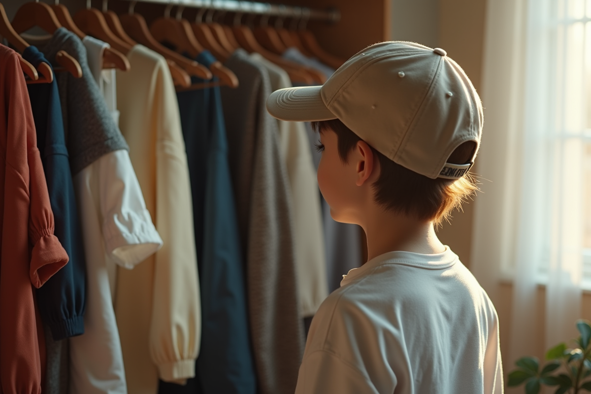 Jeune personne portant une casquette neutre devant un vestiaire coloré
