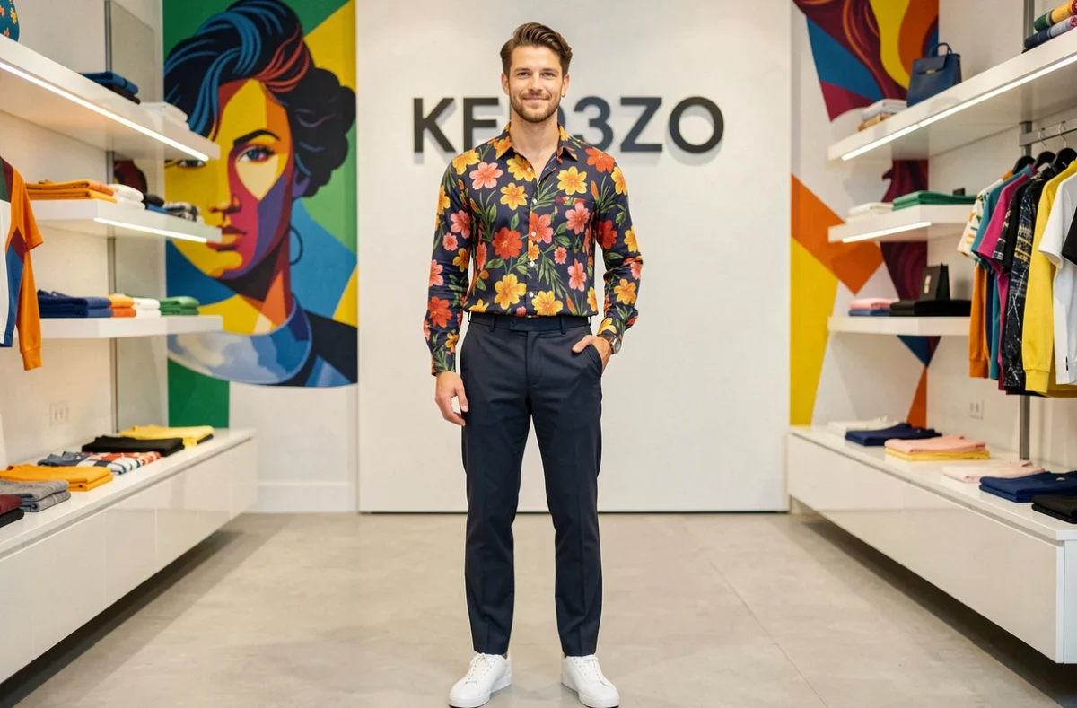 Un homme au style avant-gardiste présente une tenue de la collection Kenzo dans la boutique du créateur à Toulouse