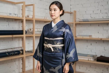 Femme portant un kimono traditionnel japonais en indigo dans un studio de mode parisien moderne