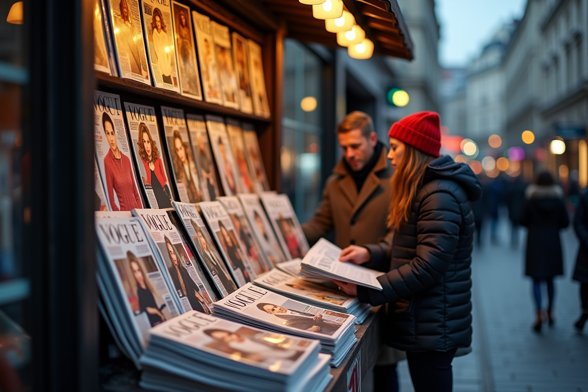 Kiosque à journaux avec magazines Vogue en vitrine en ville animée