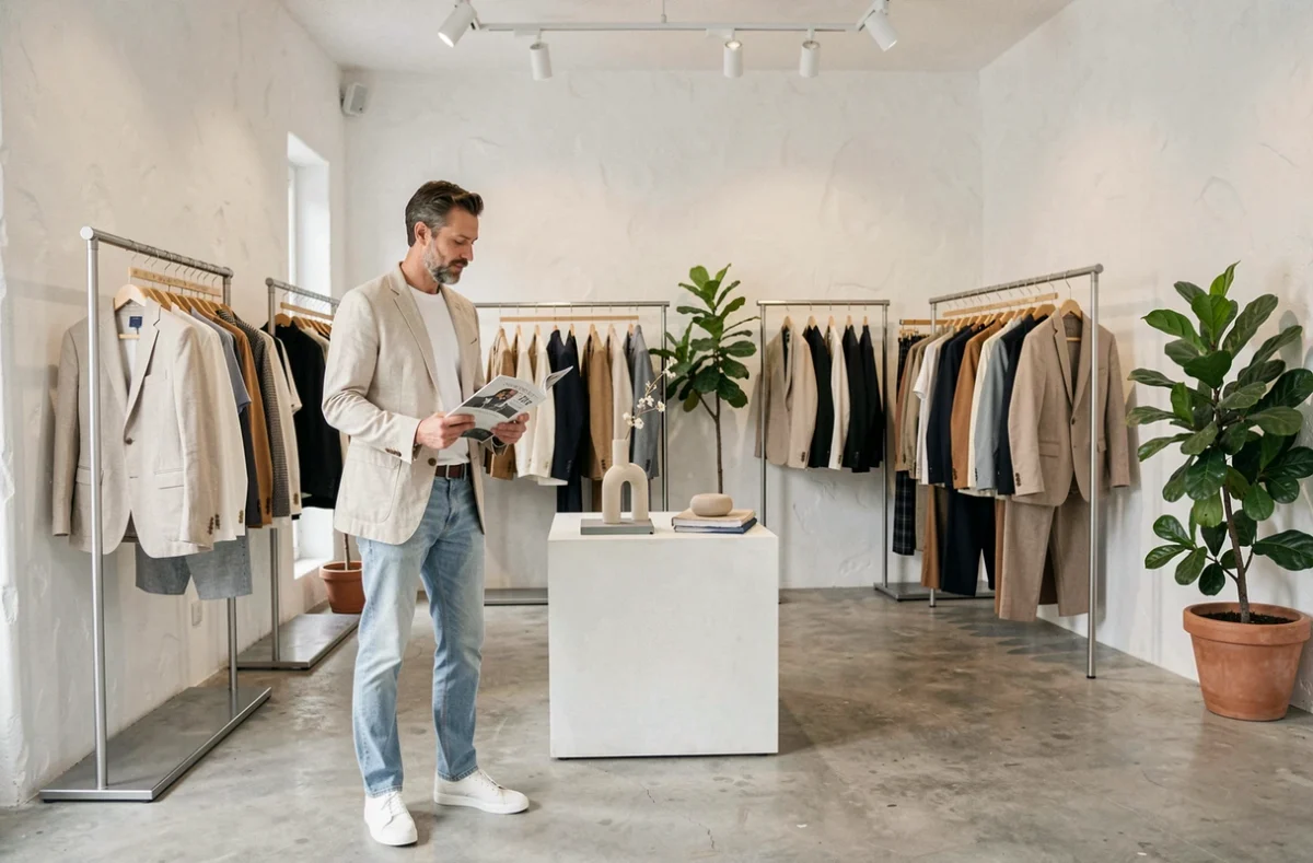 Un homme parcourt les sélections du Couloir, concept store de mode masculine à Toulouse, dans un intérieur minimaliste soigné