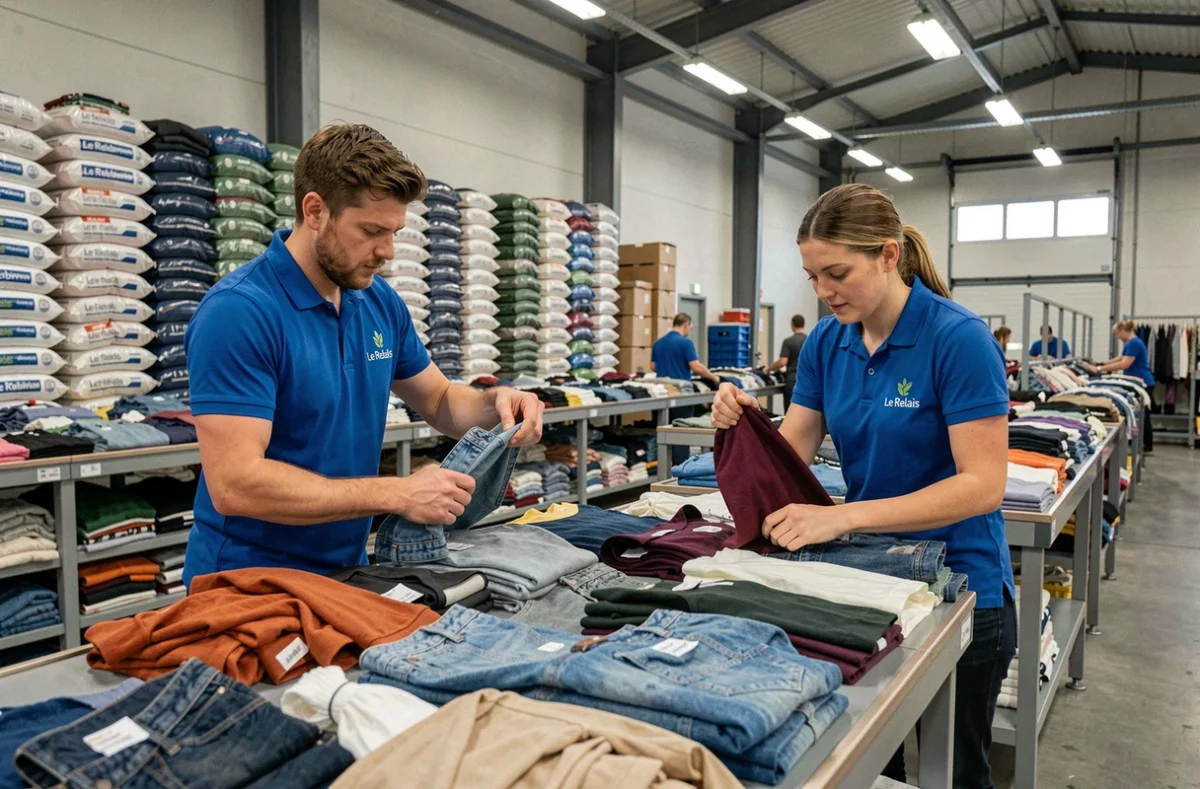 Travailleurs du Relais en polo bleu triant des vêtements collectés sur de grandes tables dans un entrepôt de tri textile