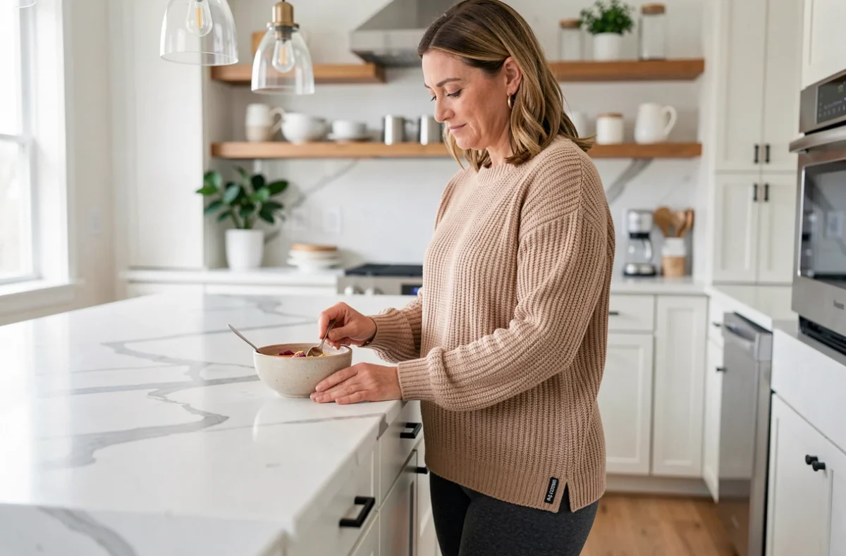 Femme en legging Leonie And Co anthracite dans une cuisine moderne préparant un repas, allure décontractée au quotidien