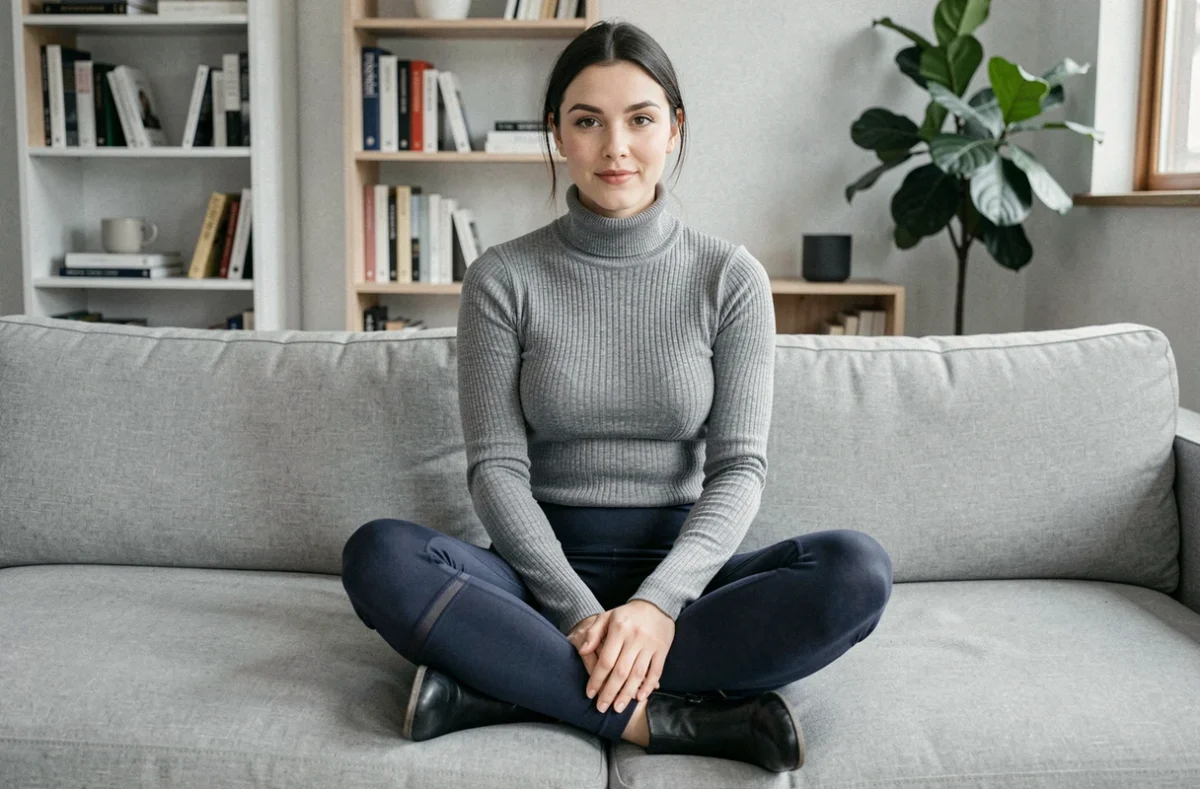 Femme en legging Leonie And Co marine assise sur un canapé gris dans un salon scandinave, tenue casual chic à la maison