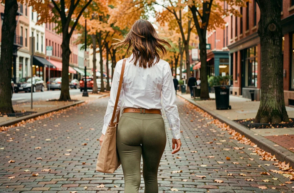 Femme en legging Leonie And Co kaki marchant sur un trottoir parisien en automne avec un sac tote en cuir cognac