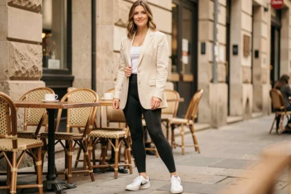 Femme portant un legging Leonie And Co noir avec un blazer oversize crème dans un café urbain, style quotidien décontracté