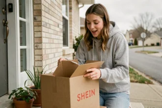 Jeune femme recevant un colis Shein devant sa porte un dimanche matin