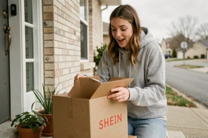 Jeune femme recevant un colis Shein devant sa porte un dimanche matin