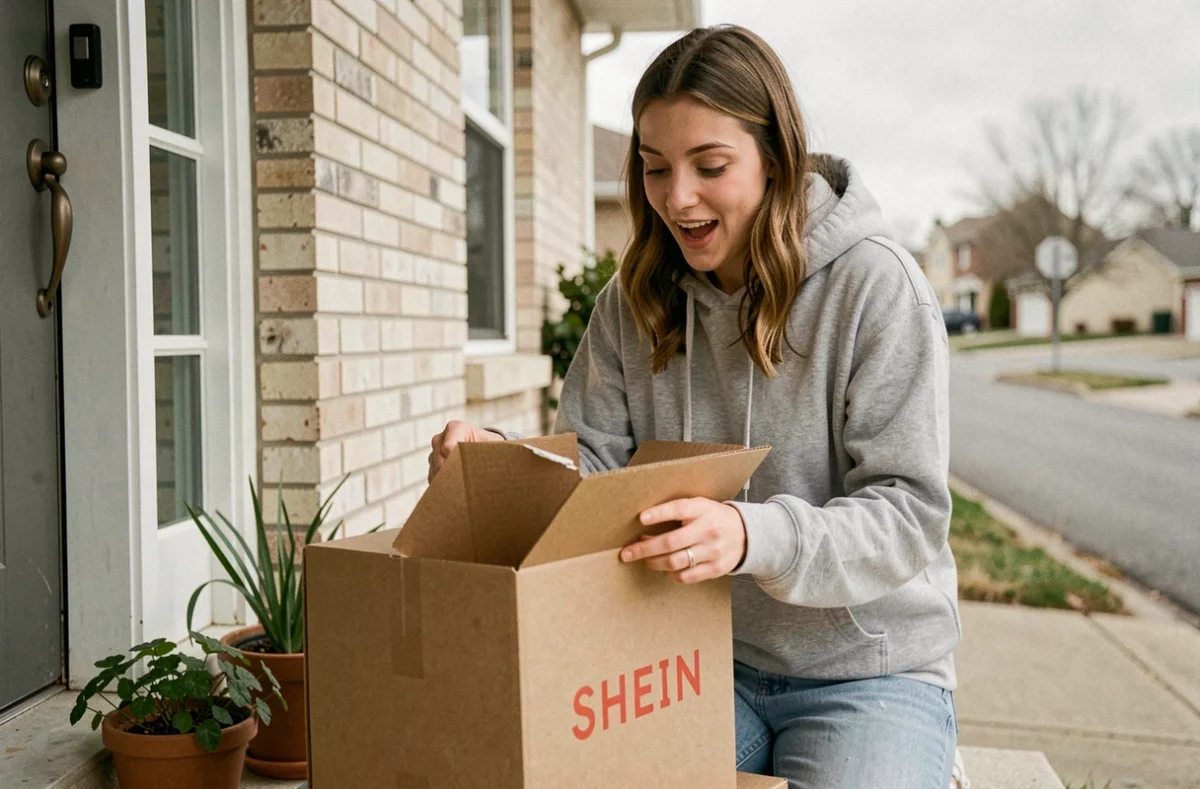 Jeune femme recevant un colis Shein devant sa porte un dimanche matin