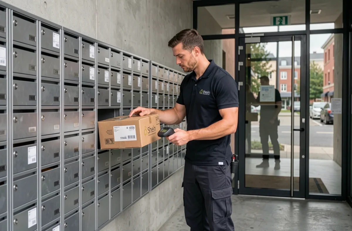 Livreur déposant un colis Shein dans le hall d'un immeuble le dimanche