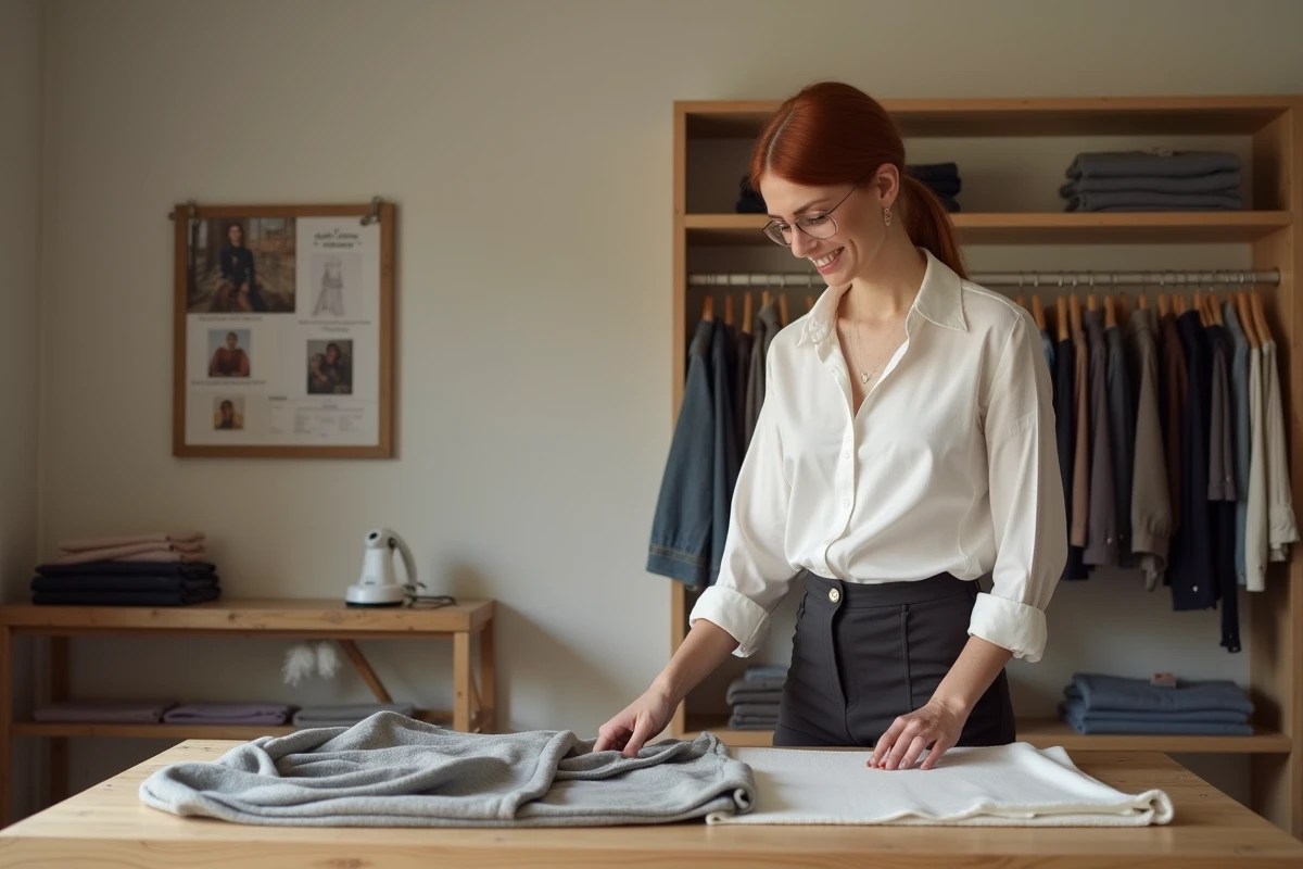 Coulisses de la boutique Lucie Roussel avec une styliste préparant une nouvelle collection de mode