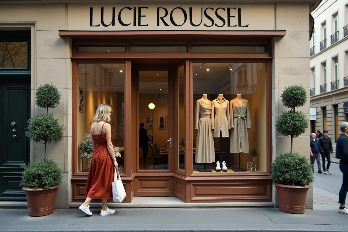 Devanture de la boutique Lucie Roussel dans un quartier parisien tendance avec vitrine soignée