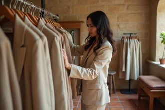 Femme élégante explorant les vêtements dans la boutique Lucie Roussel au style minimaliste et chaleureux