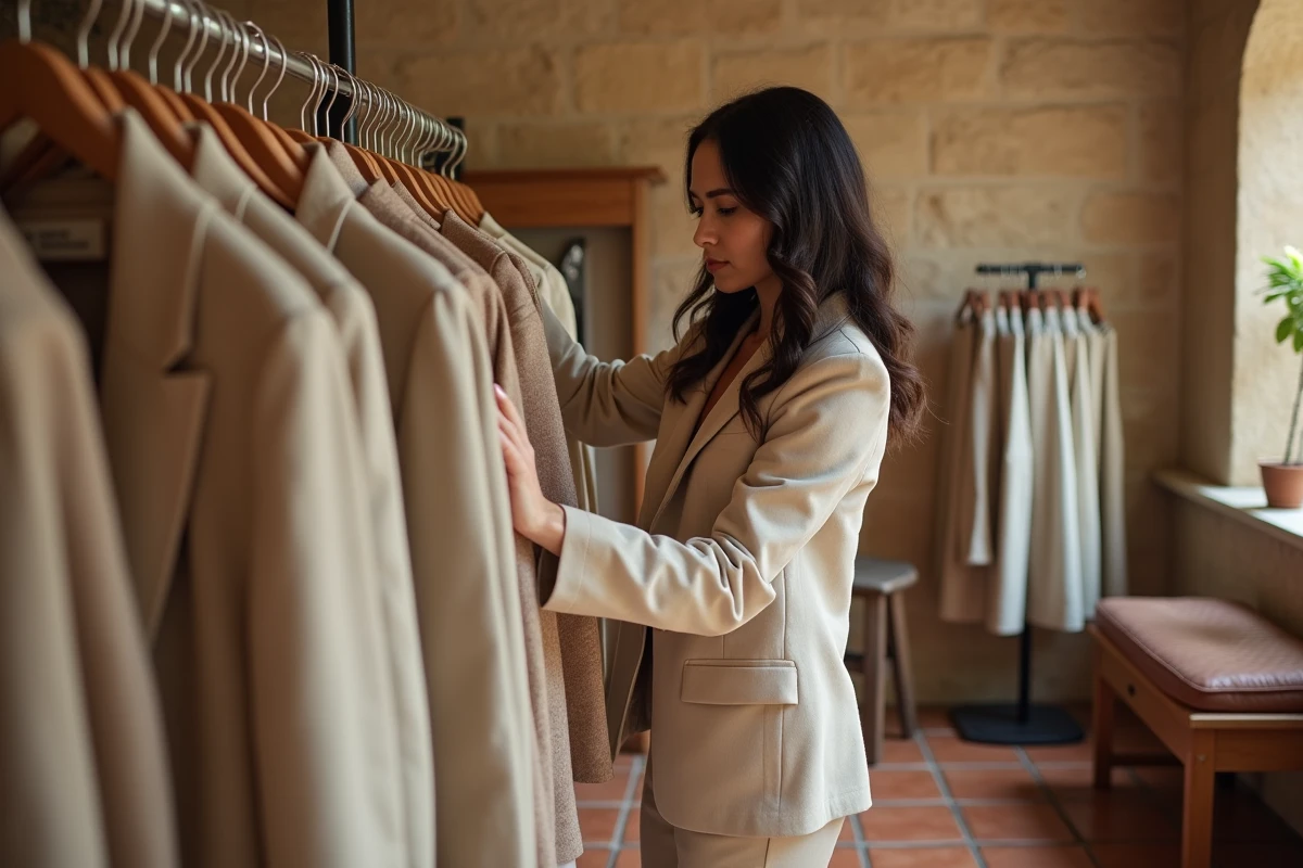 Femme élégante explorant les vêtements dans la boutique Lucie Roussel au style minimaliste et chaleureux