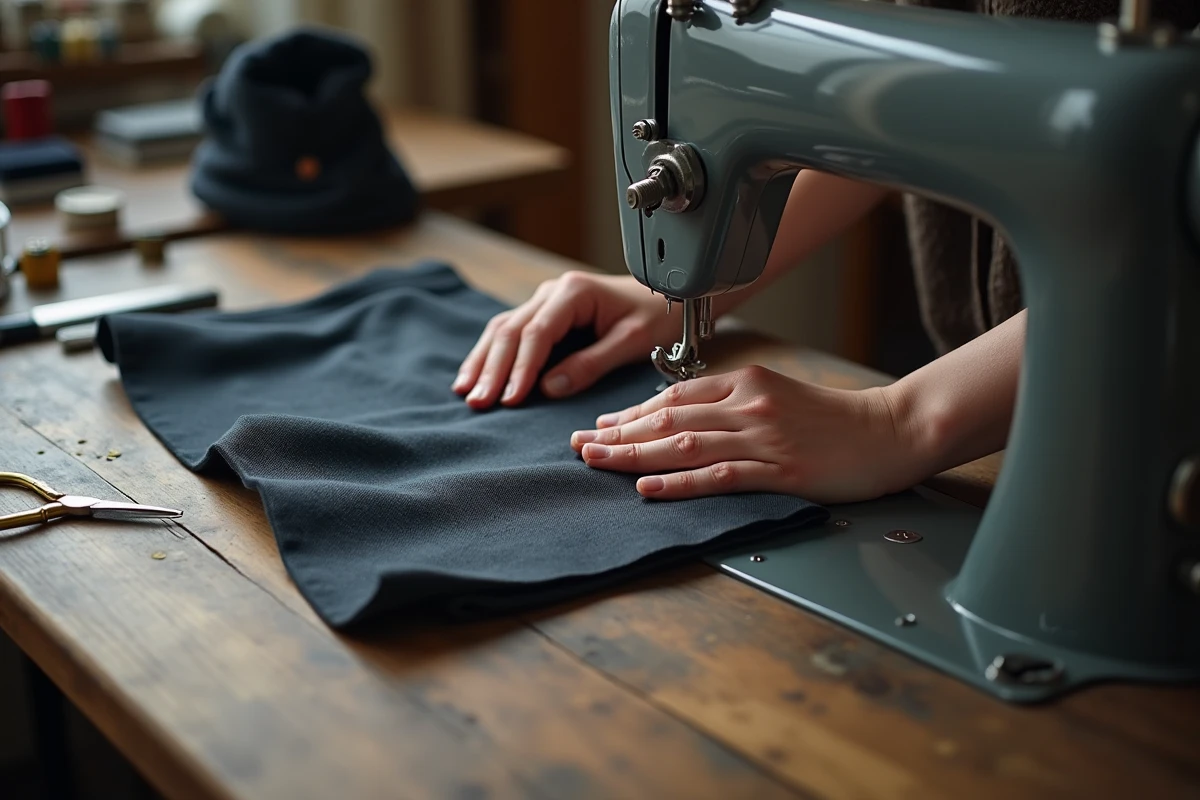 Gros plan sur la machine à coudre lors de la réalisation d'un ourlet de pantalon en atelier de couture