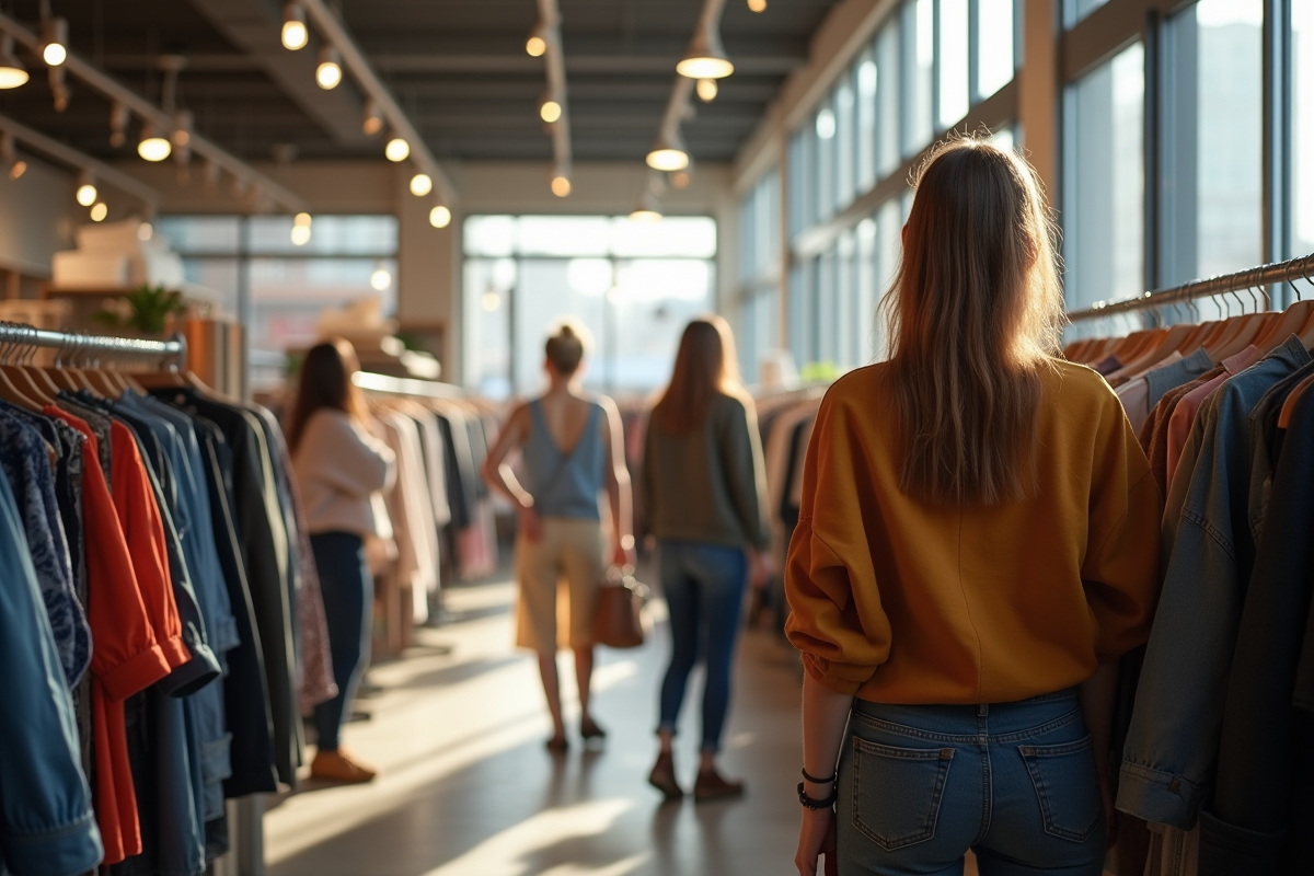 Magasin de vetements tendance avec clients en journée