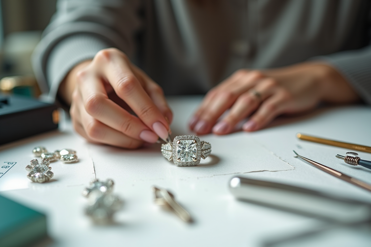 Mains d'un bijoutier inspectant un diamant brillant sur une table blanche