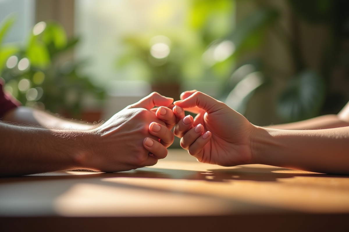 Deux mains entrelacees sur une table en bois avec plantes vertes