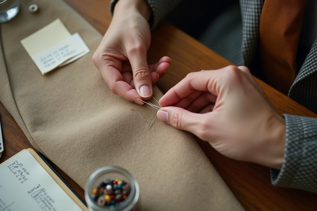 Mains d'un tailleur réparant une reprise sur un blazer en cachemire avec aiguille et fil dans un atelier