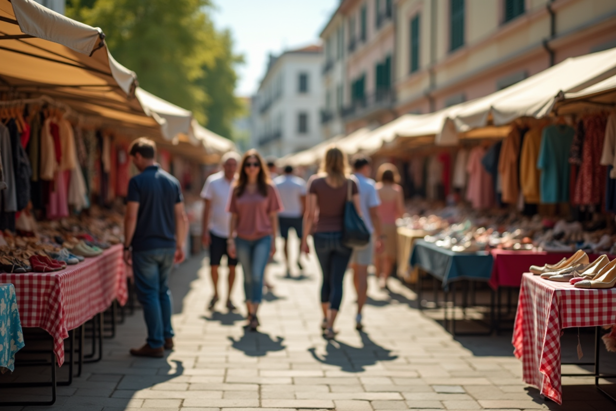 Marché aux puces en plein air avec vêtements vintage
