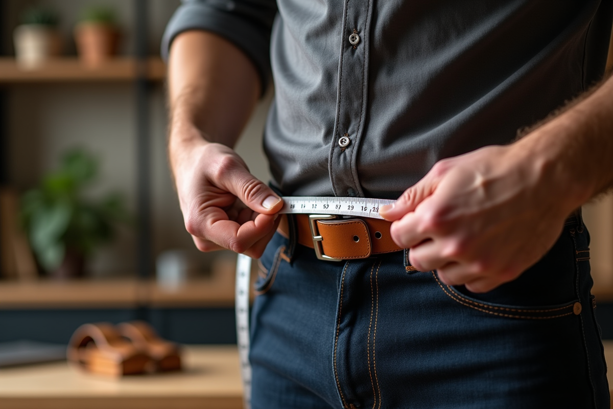 Mains d’un homme mesurant une ceinture avec un ruban