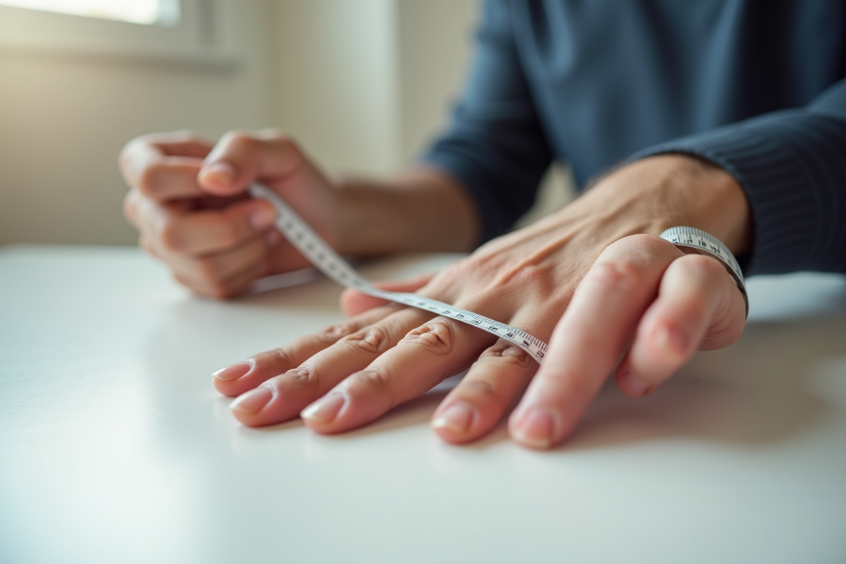 Personne mesurant son doigt avec un mètre souple naturel