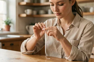 Femme mesurant son doigt avec une bandelette de papier sur une table en bois pour trouver sa taille de bague