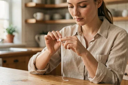 Femme mesurant son doigt avec une bandelette de papier sur une table en bois pour trouver sa taille de bague