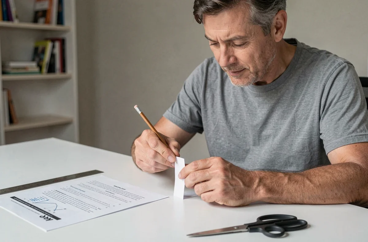 Homme mesurant la taille de son doigt avec une feuille de papier et un crayon sur un bureau blanc