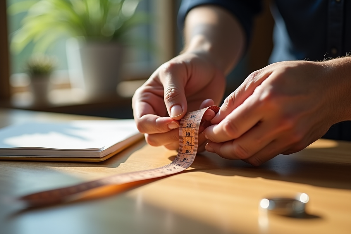 Mesure du doigt avec ruban en tissu sur surface en bois