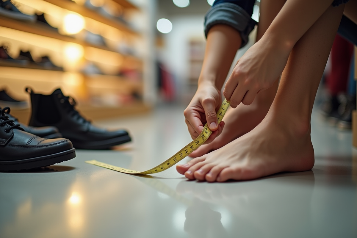 Personne mesurant la longueur de son pied dans une boutique de chaussures