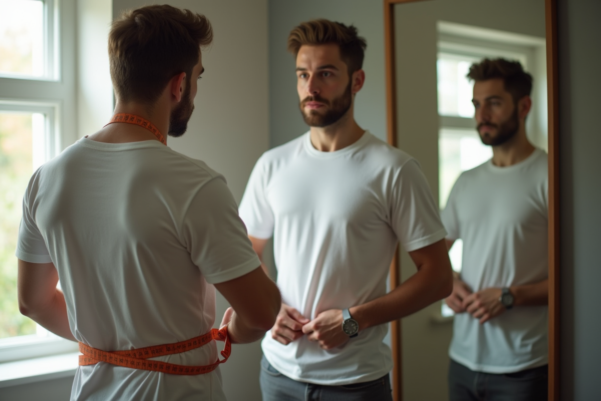 Homme mesurant sa taille devant un miroir avec un ruban