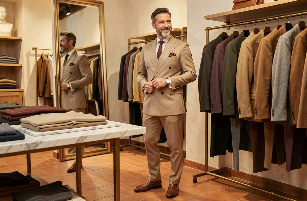 Un homme élégant en costume double boutonnage admire son reflet dans la boutique Modi In, spécialisée en mode italienne masculine à Toulouse