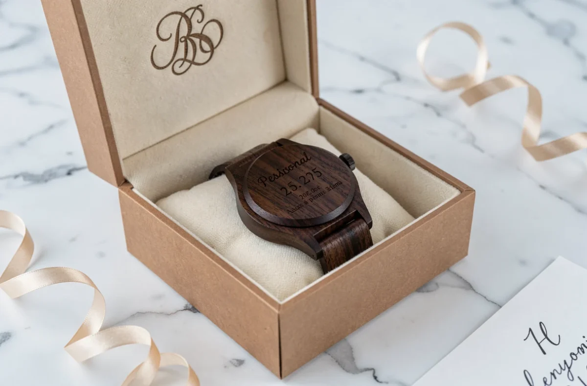 Montre en bois gravée présentée dans un coffret cadeau kraft sur un comptoir en marbre blanc avec carte manuscrite
