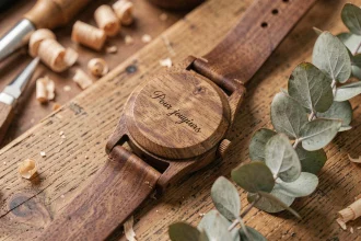 Montre en bois avec message gravé 'Pour toujours' posée sur une table en chêne rustique dans un atelier artisanal