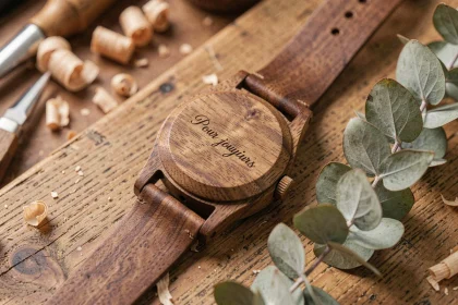 Montre en bois avec message gravé 'Pour toujours' posée sur une table en chêne rustique dans un atelier artisanal