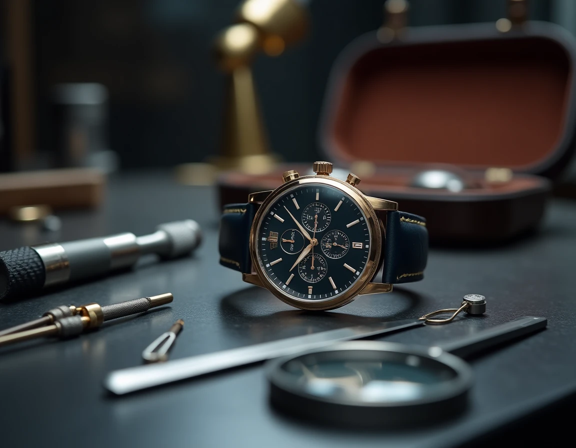 Gros plan d'une montre mécanique de luxe sur acier brossé dans un atelier d'horlogerie avec outils de maître horloger