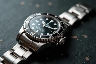 Montre Rolex Submariner en acier inoxydable posée sur une surface en ardoise sombre, détail macro du cadran et du bracelet