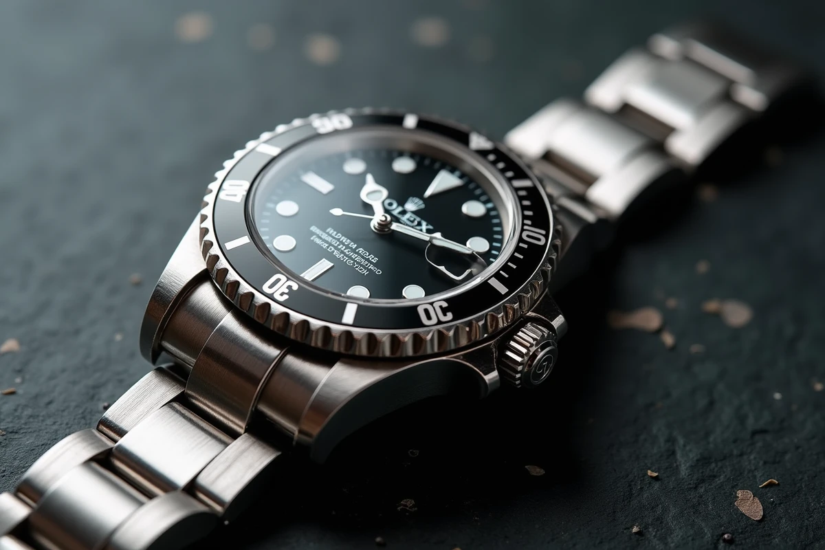 Montre Rolex Submariner en acier inoxydable posée sur une surface en ardoise sombre, détail macro du cadran et du bracelet
