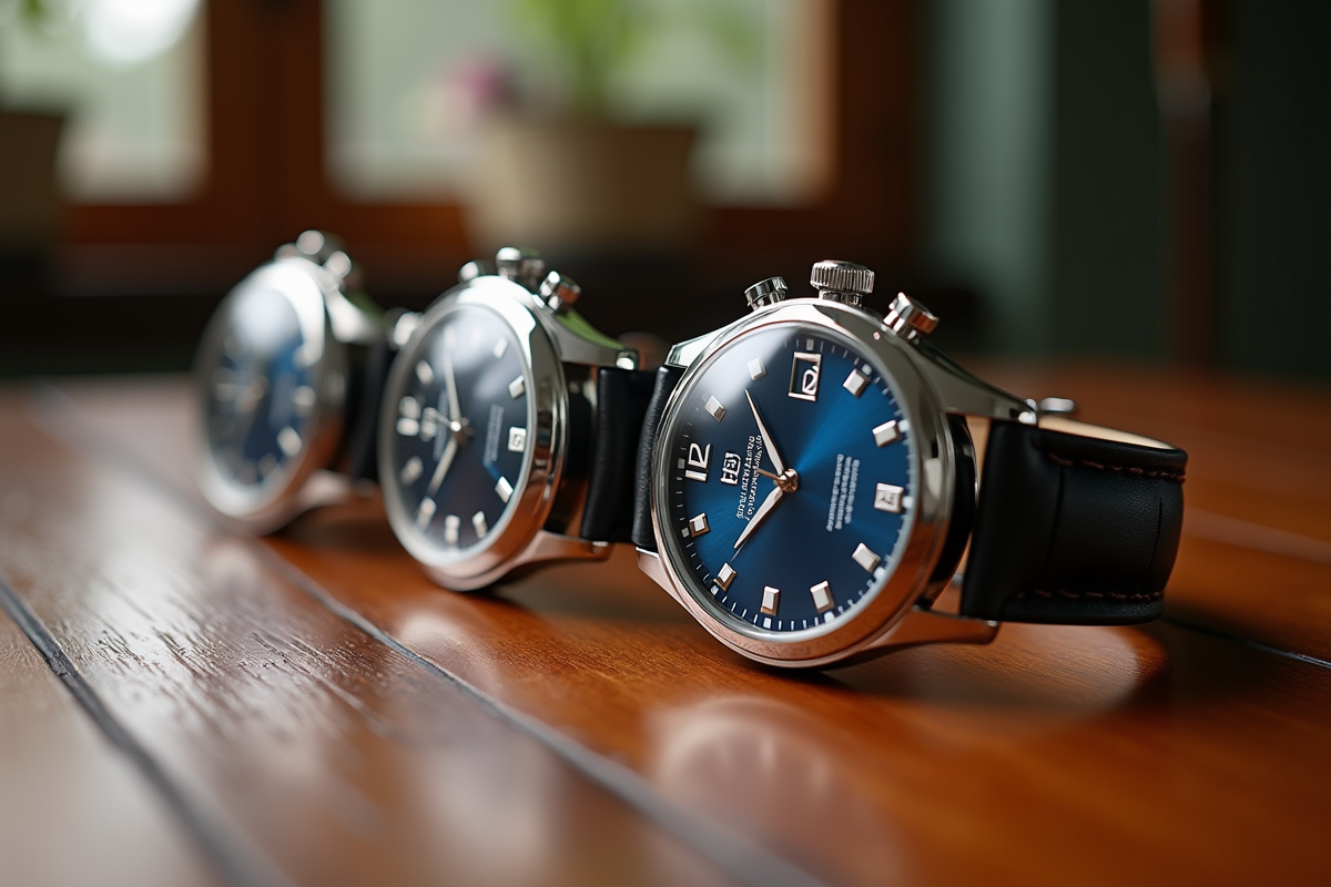 Collection de montres de luxe sur une table en bois poli