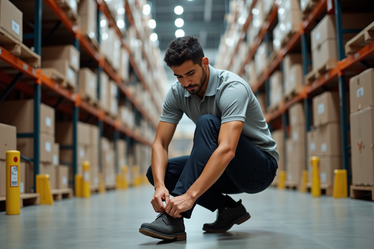 Ouvrier dans un entrepôt Amazon en train de lacer ses chaussures