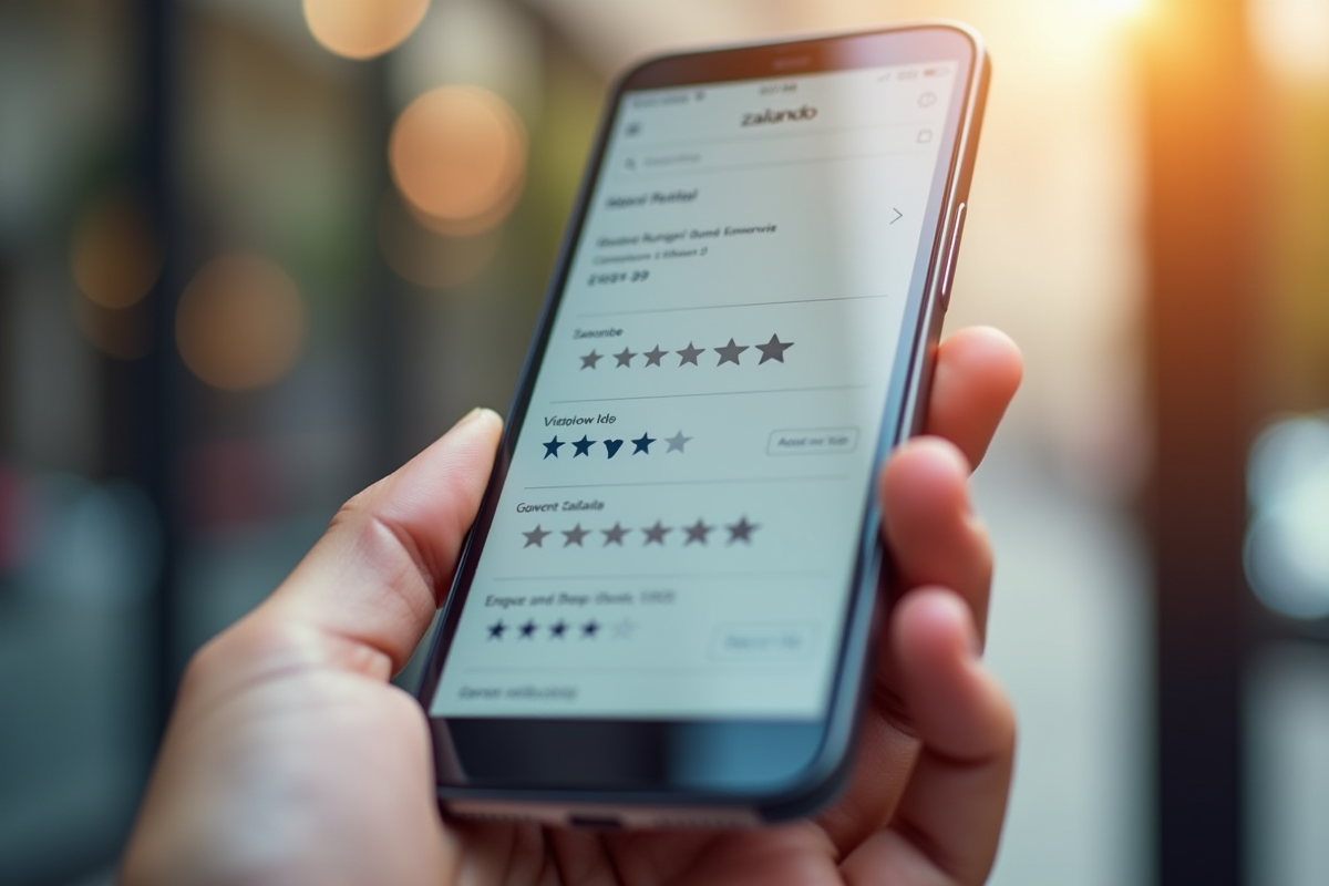 Page produit Zalando sur smartphone avec étoiles de review grise