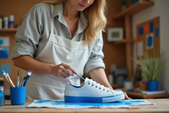 Femme peignant une chaussure en toile blanche avec de la peinture acrylique bleue dans un atelier artistique